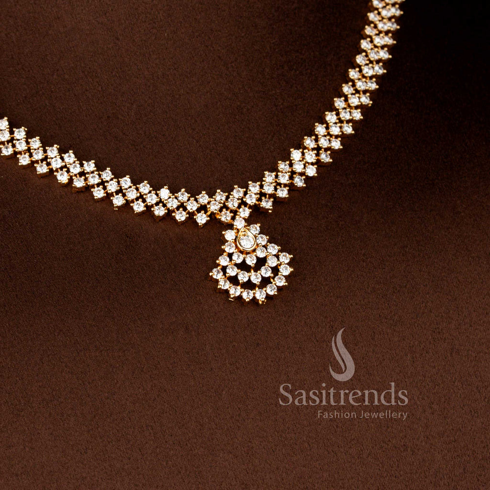 Designer Floral American Diamond Micro Gold Plated Necklace Jewellery Set with Matching Drop Earrings for Weddings and Festive Occasions - Sasitrends
