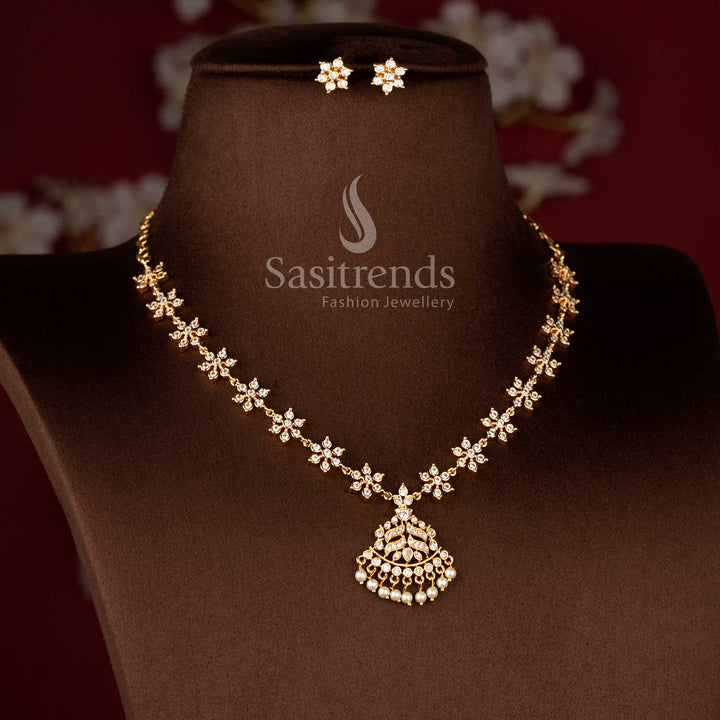 American Diamond Micro Gold Plated Pearl Drop Designer Necklace Jewellery Set with Heritage Inspired Pendant and Matching Stud Earrings for Women - Sasitrends