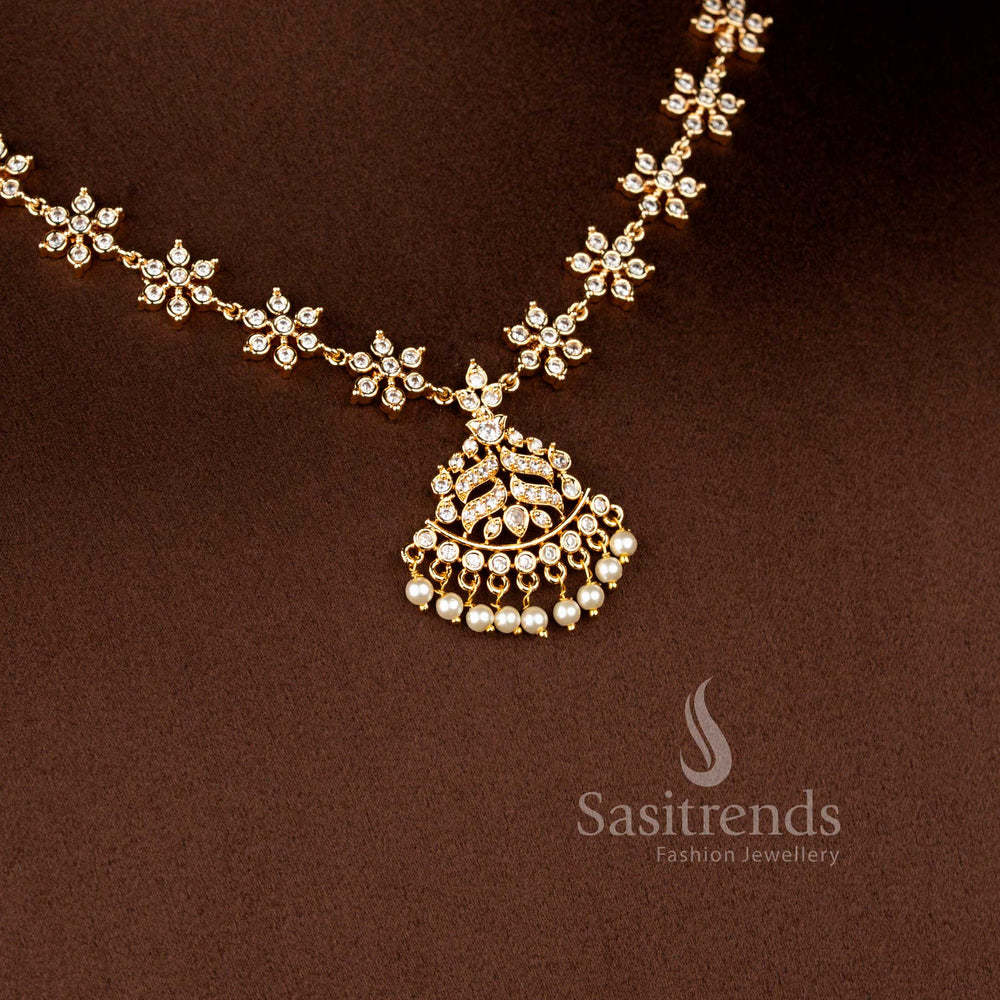 Micro Gold Plated American Diamond Necklace Jewellery Set with Traditional Pearl Dangling Pendant for Weddings and Festive Occasions - Sasitrends