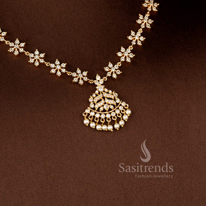 Micro Gold Plated American Diamond Necklace Jewellery Set with Traditional Pearl Dangling Pendant for Weddings and Festive Occasions - Sasitrends