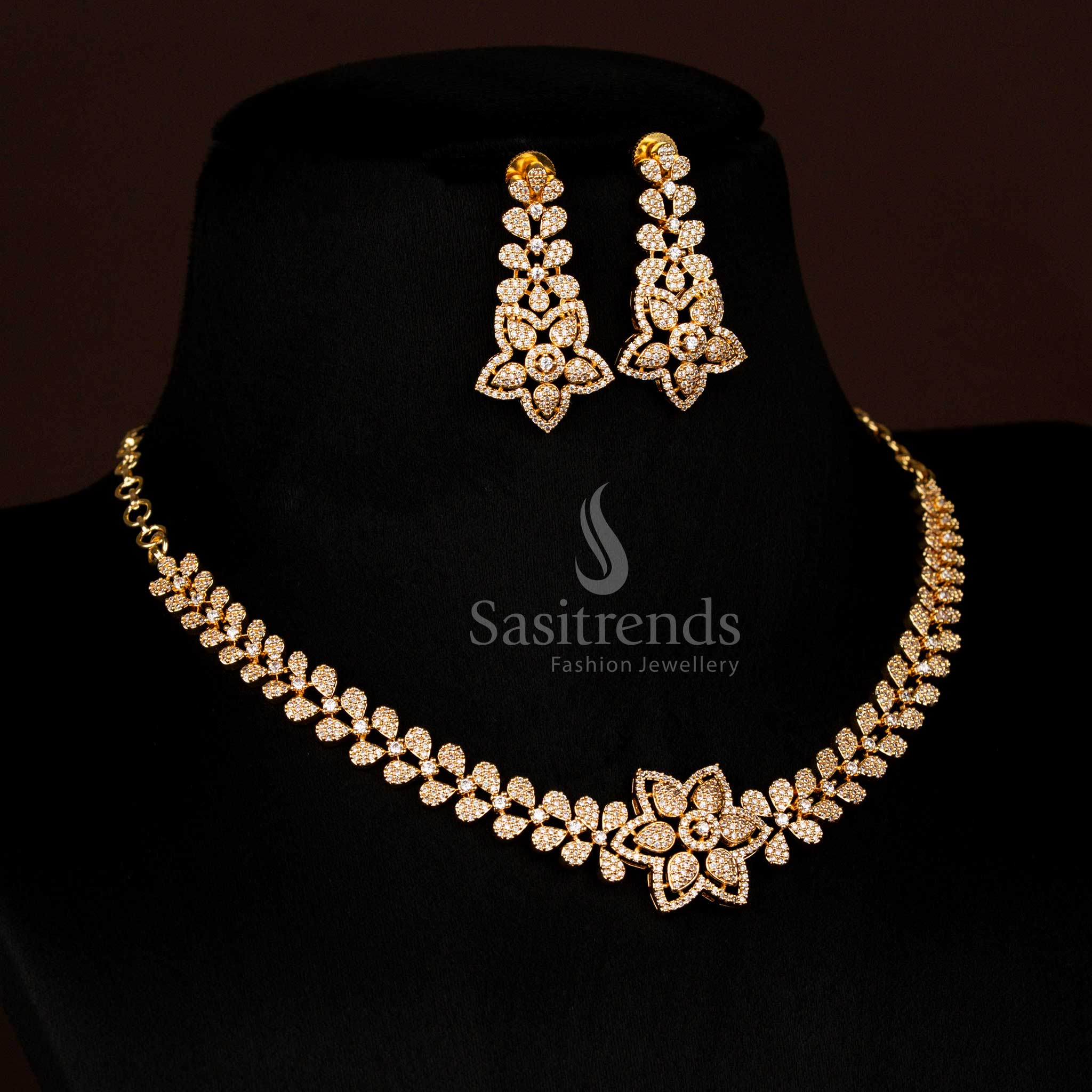Guaranteed Micro Gold Plated with Teardrop floral americon diamond Necklace Jewellery Set – Sasitrends