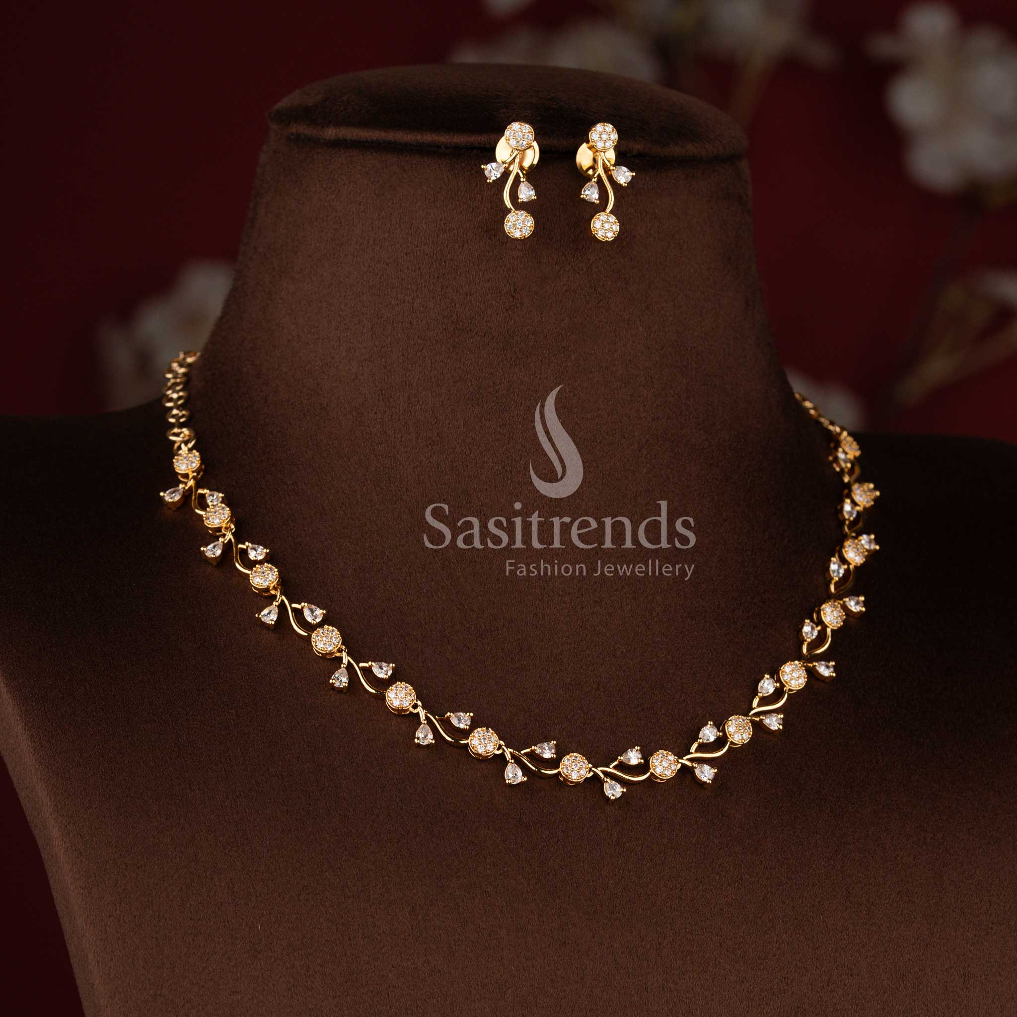 Beautiful American Diamond blossom vine necklace and earrings set with elegant botanical craftsmanship - Sasitrends
