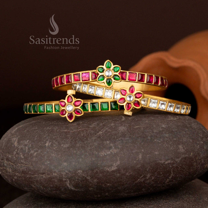 Traditional Jadau Kundan American Diamond Stone Flower Square Pattern 24K Gold Plated Openable Bangle