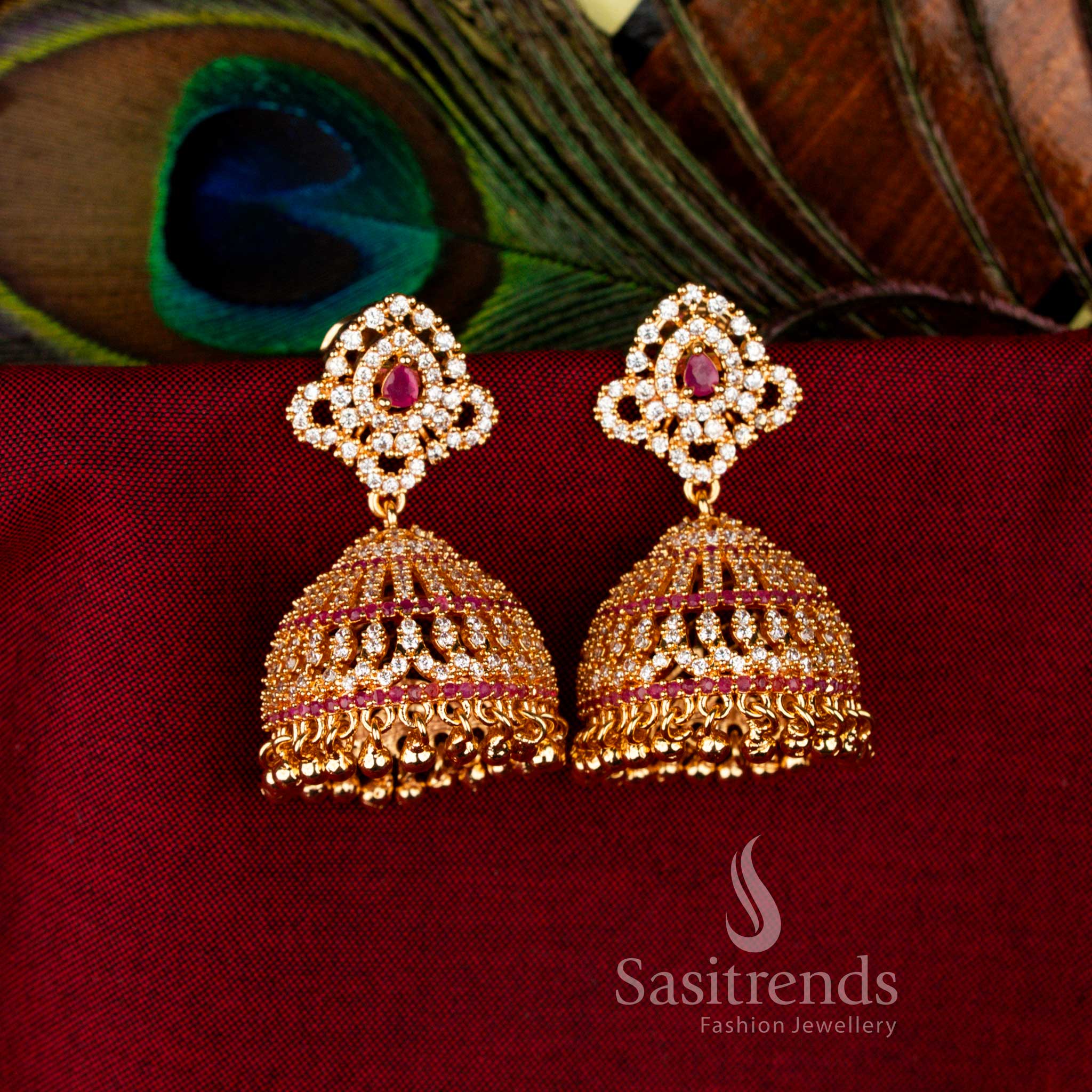 White Ruby Classic Guaranteed American Diamond 24K Micro Gold Plated Floral Big Jhumka Earrings, graceful occasion jewellery for cultural celebrations – Sasitrends