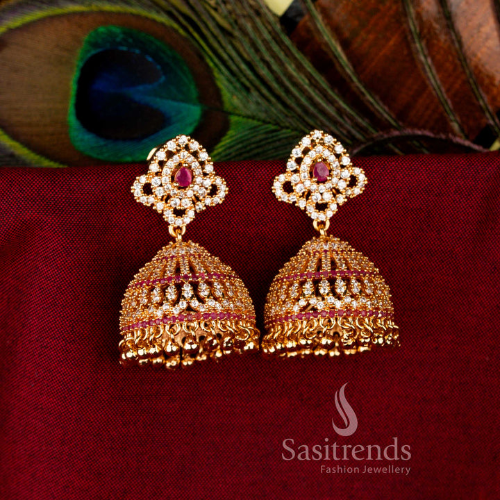 White Ruby Classic Guaranteed American Diamond 24K Micro Gold Plated Floral Big Jhumka Earrings, graceful occasion jewellery for cultural celebrations – Sasitrends