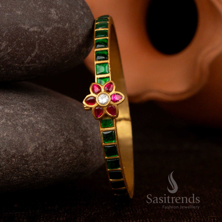 Real Gold Look 24k Micro gold Plated Openable Handmade Floral Bangles with Green Jadau Kundan Stone – Sasitrends