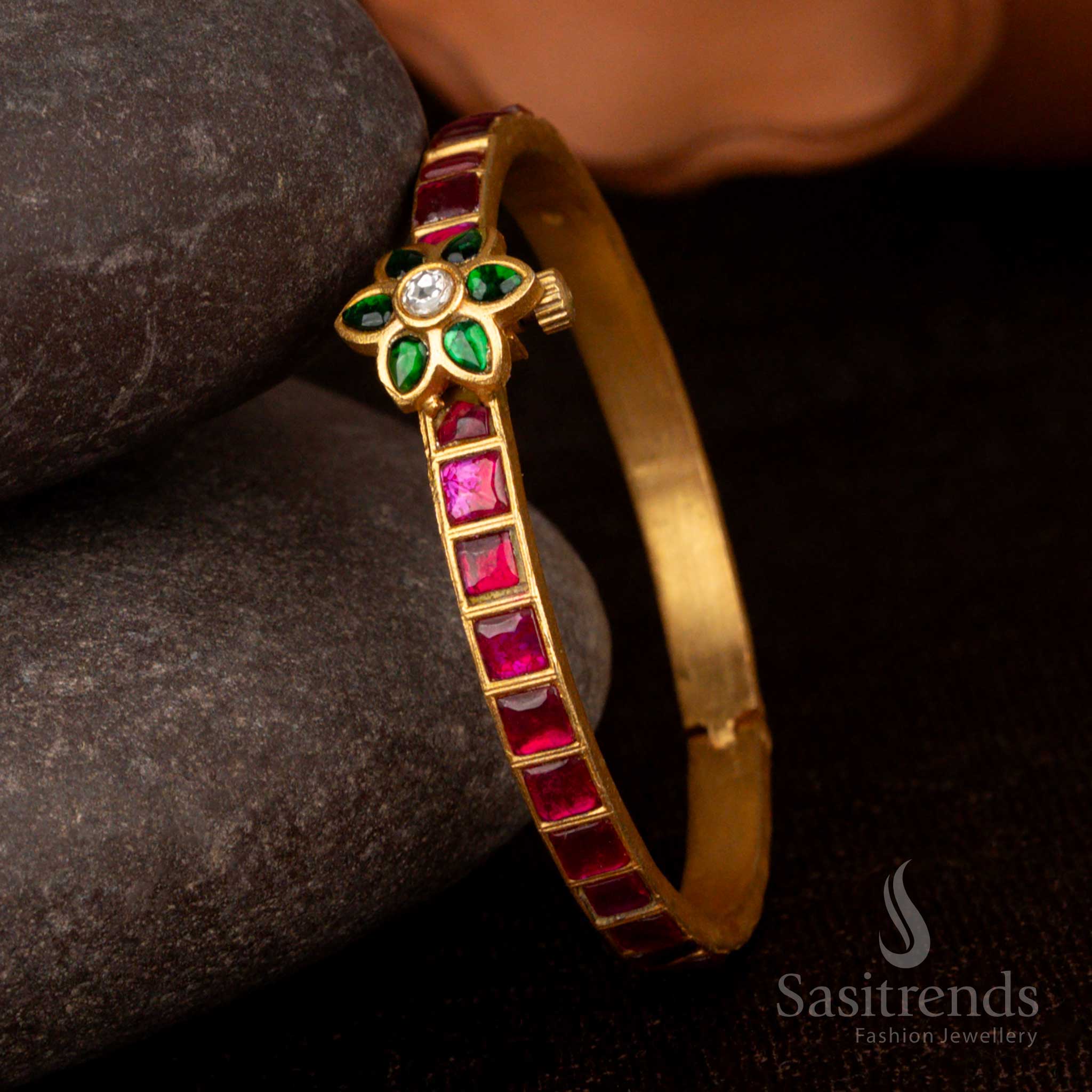 Real Gold Look 24k Micro gold Plated Openable Handmade Floral Bangles with Ruby Jadau Kundan Stone – Sasitrends