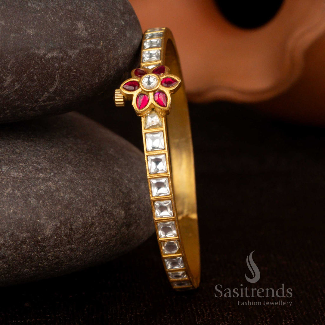 Real Gold Look 24k Micro gold Plated Openable Handmade Floral Bangles with White Jadau Kundan Stone – Sasitrends