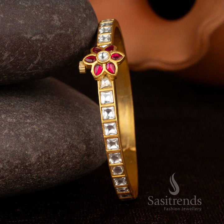 Traditional Jadau Kundan American Diamond Stone Flower Square Pattern 24K Gold Plated Openable Bangle