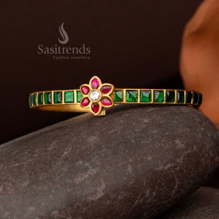 Guaranteed Real Gold Look 24k Micro gold Plated Openable Handmade Floral Bangles with Green Jadau Kundan Stone – Sasitrends