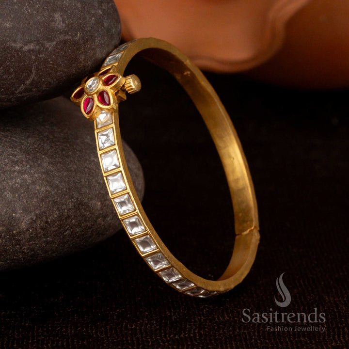 Stunning traditional wear Real Gold Look 24k Micro gold Plated Openable Handmade Floral Bangles with White Jadau Kundan Stone – Sasitrends