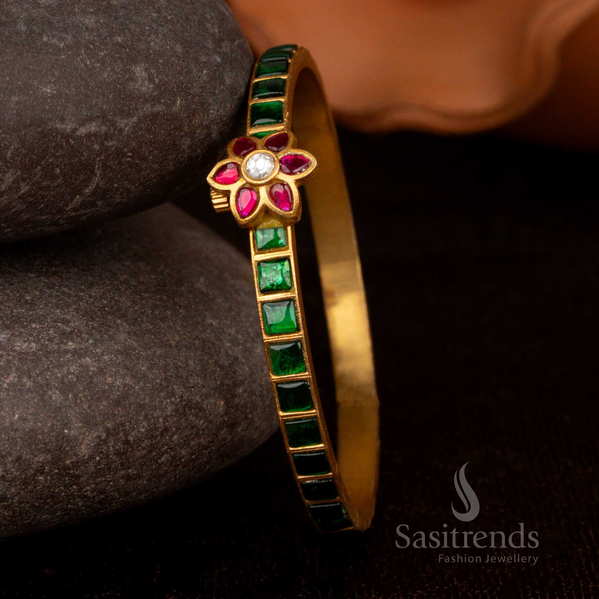 Traditional Real Gold Look 24k Micro gold Plated Openable Handmade Floral Bangles with Green Jadau Kundan Stone – Sasitrends
