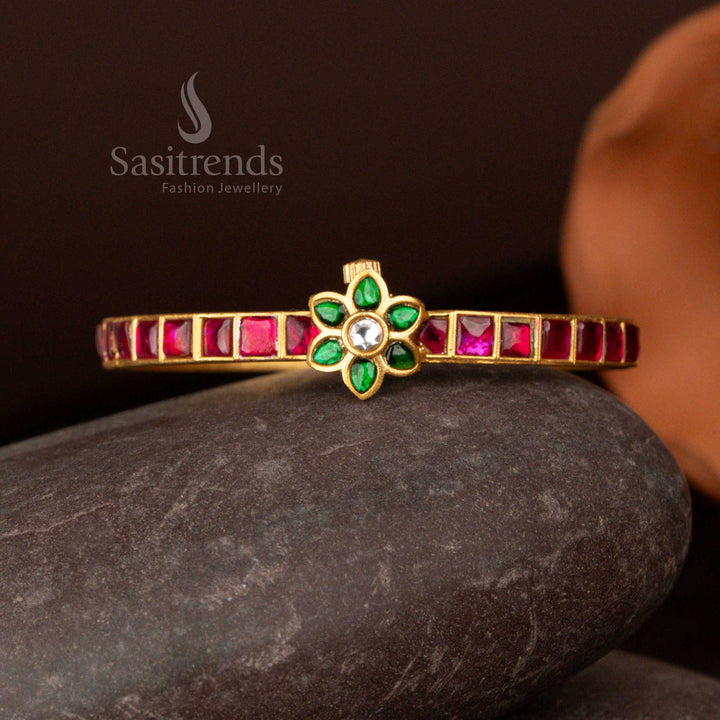 Real Gold Look one gram 24k Micro gold Plated Openable Handmade Floral Bangles with Ruby Jadau Kundan Stone – Sasitrends