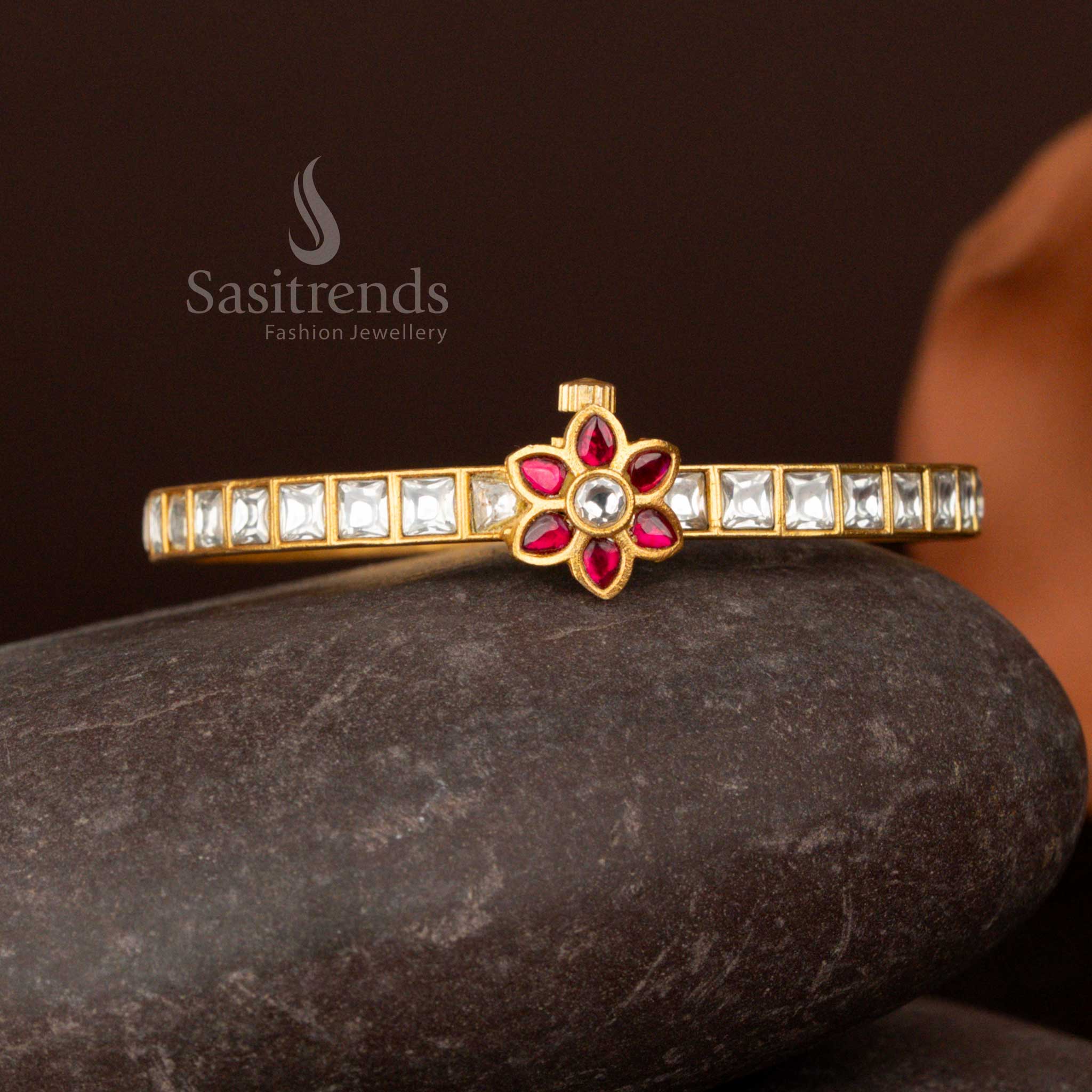 Guaranteed Real Gold Look 24k Micro gold Plated Openable Handmade Floral Bangles with White Jadau Kundan Stone – Sasitrends