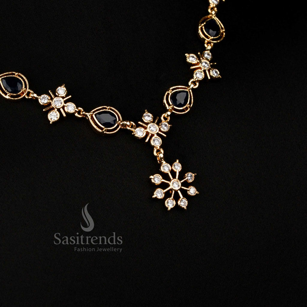 Blue Wedding Wear Impon Micro Gold Necklace with Teardrop Floral American Diamond Motifs – Sasitrends