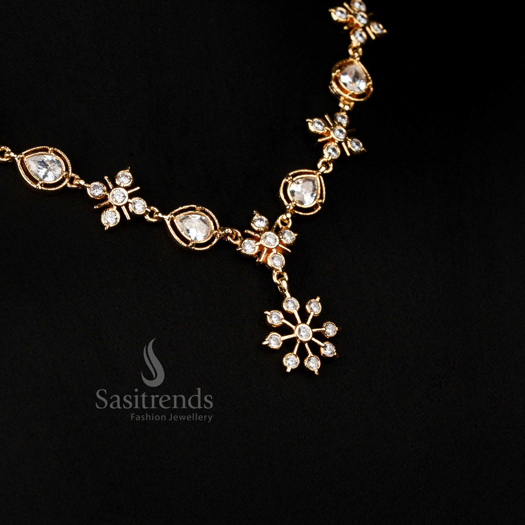 Wedding Wear Impon Micro Gold Necklace with Teardrop Floral American Diamond Motifs – Sasitrends