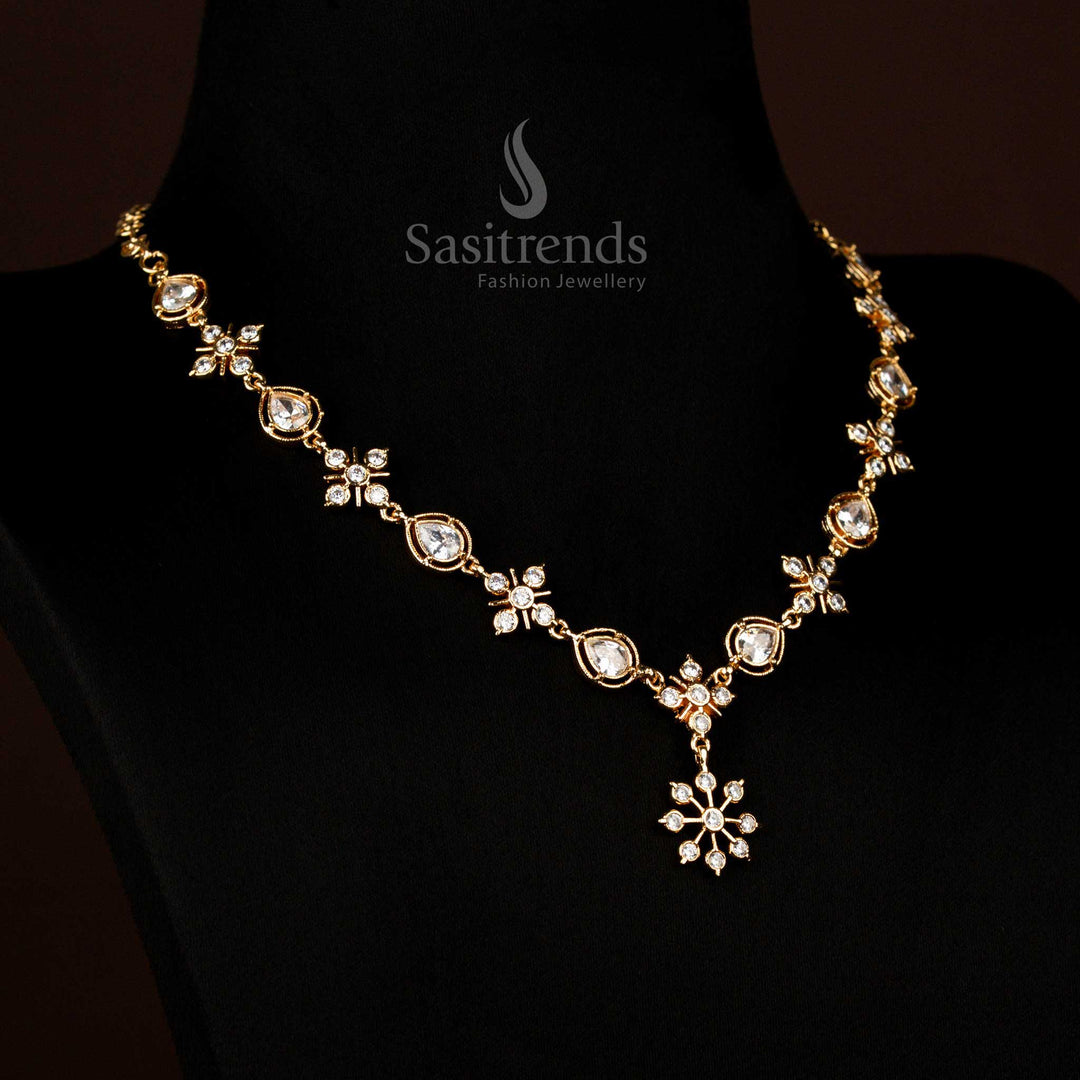 Wedding Wear Impon Micro Gold Necklace with Teardrop Floral American Diamond Motifs – Sasitrends