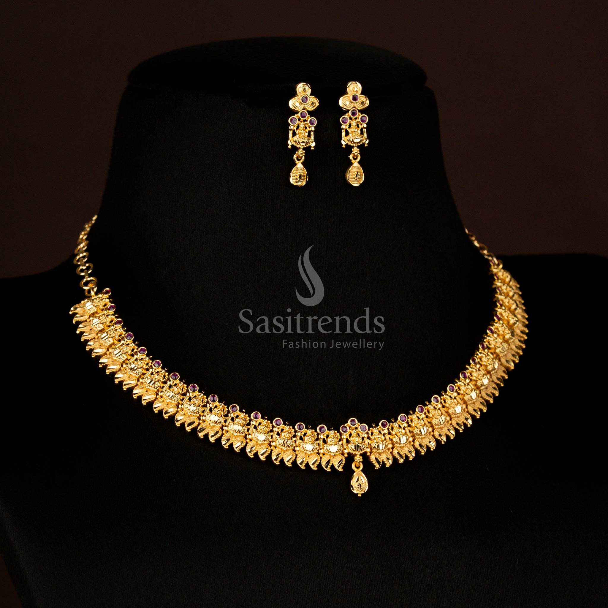 Elegant Lakshmi necklace forming Micro Gold Plated design with Ruby stones, perfect for weddings and festive traditional celebrations – Sasitrends
