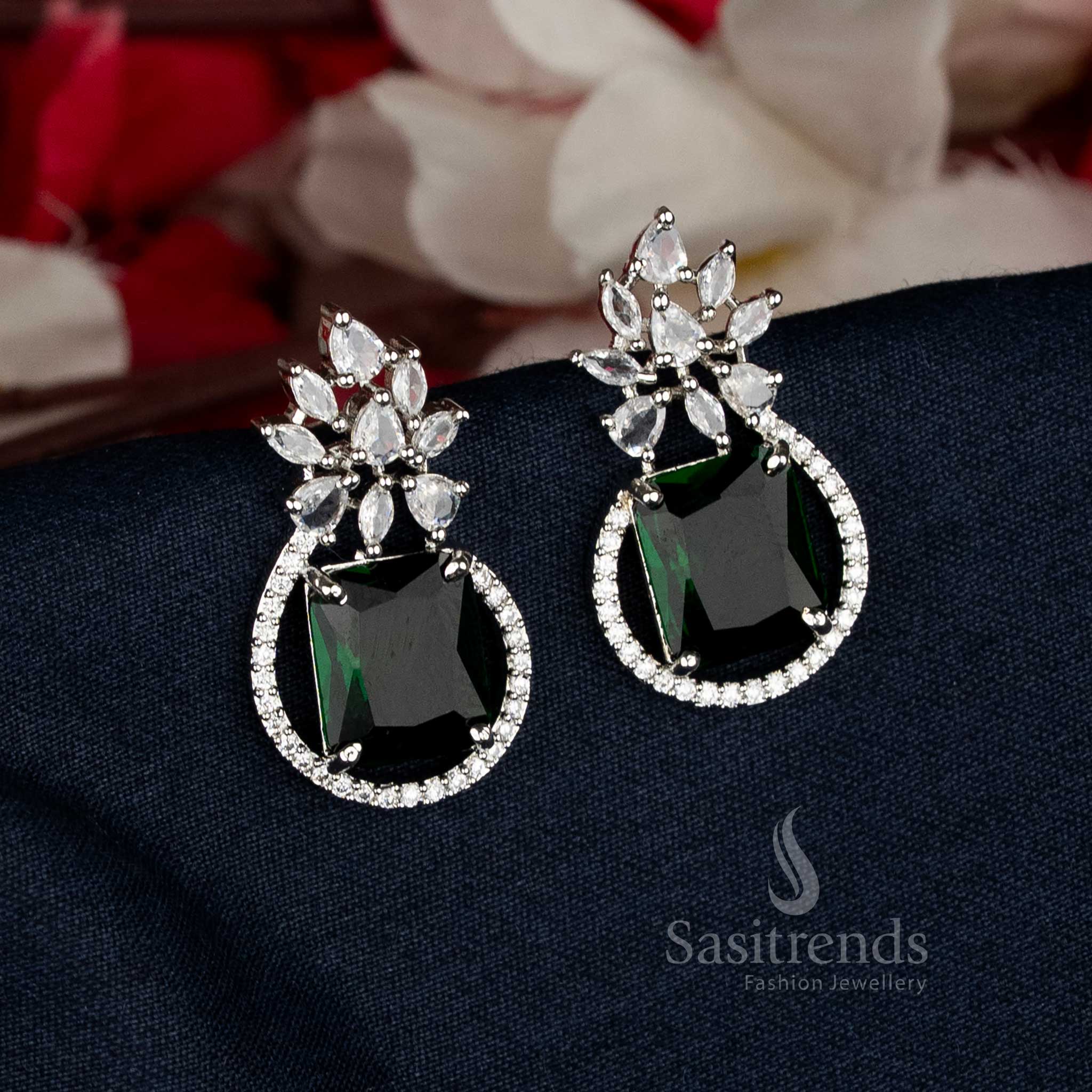 Stunning Green American Diamond Rhodium Silver Plated Rectangular Leaf Stud Tops Earrings - Sasitrends