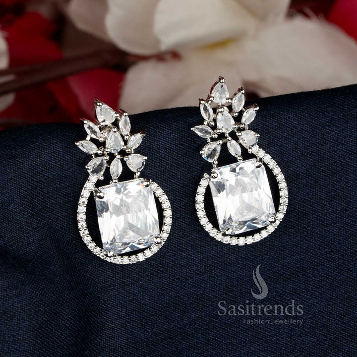 Party Wear American Diamond Rectangular Leaf Pattern Stud Tops Earrings | Rhodium Silver & Rose Gold Plated