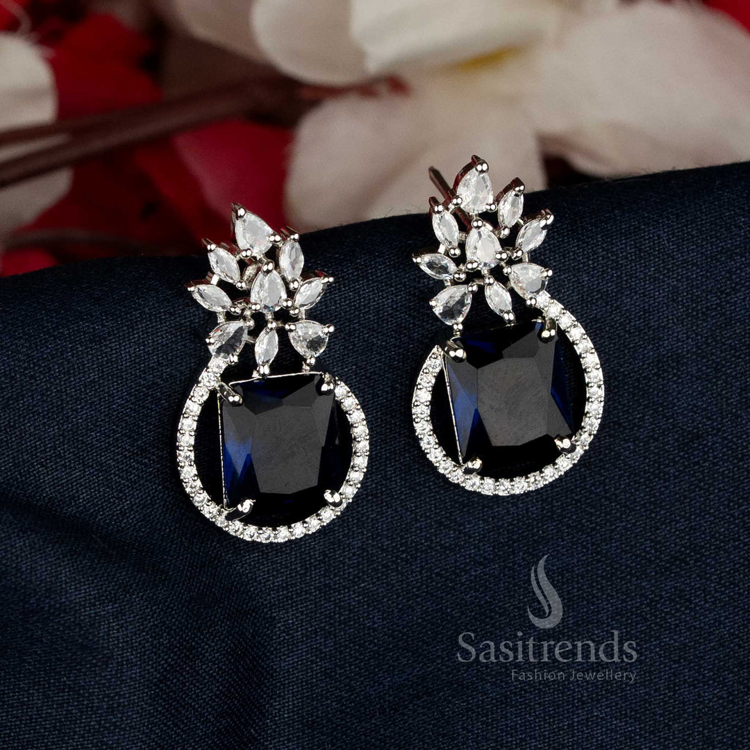 Gorgeous Blue American Diamond Rhodium Silver Plated Rectangular Leaf Stud Tops Earrings - Sasitrends