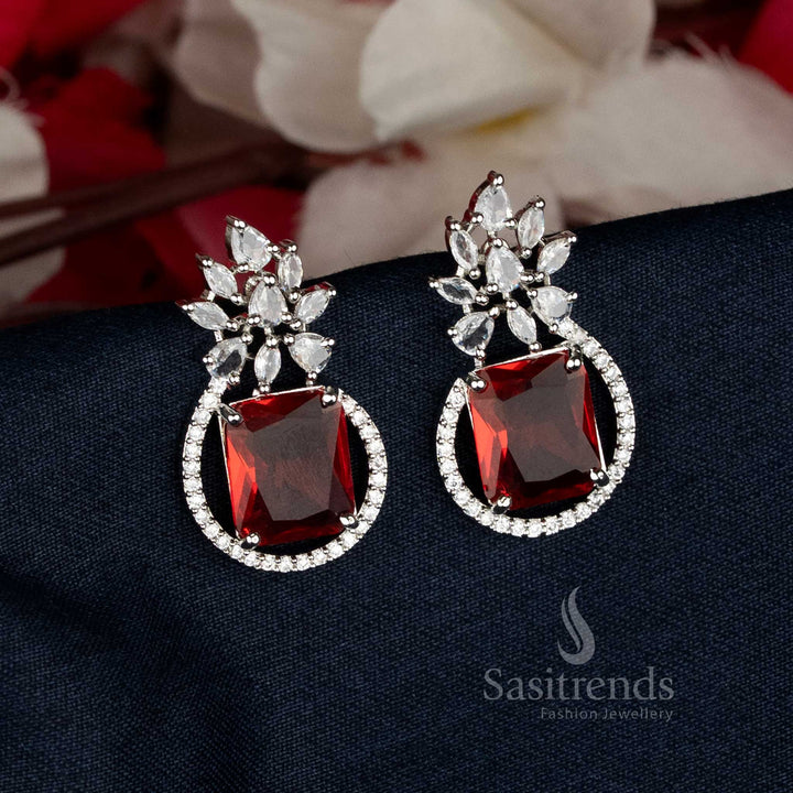 Sparkling Red American Diamond Rhodium Silver Plated Rectangular Leaf Stud Tops Earrings - Sasitrends