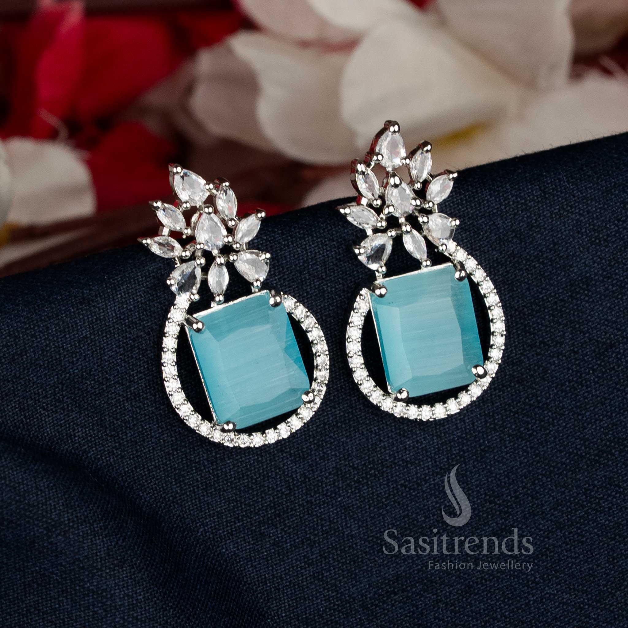 Party Wear American Diamond Rectangular Leaf Pattern Stud Tops Earrings | Rhodium Silver & Rose Gold Plated