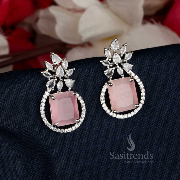 Beautifully Crafted Pink American Diamond Rhodium Silver Plated Rectangular Leaf Stud Tops Earrings - Sasitrends