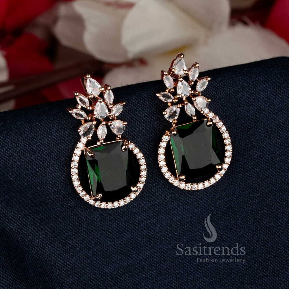 Gorgeous Green American Diamond Rose Gold Plated Rectangular Leaf Stud Tops Earrings - Sasitrends