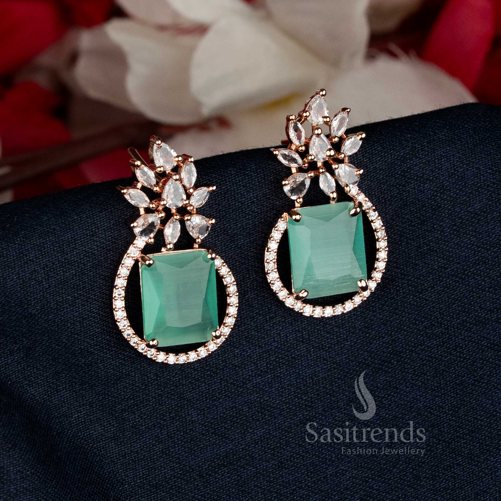 Stunning Mint American Diamond Rose Gold  Plated Rectangular Leaf Stud Tops Earrings - Sasitrends