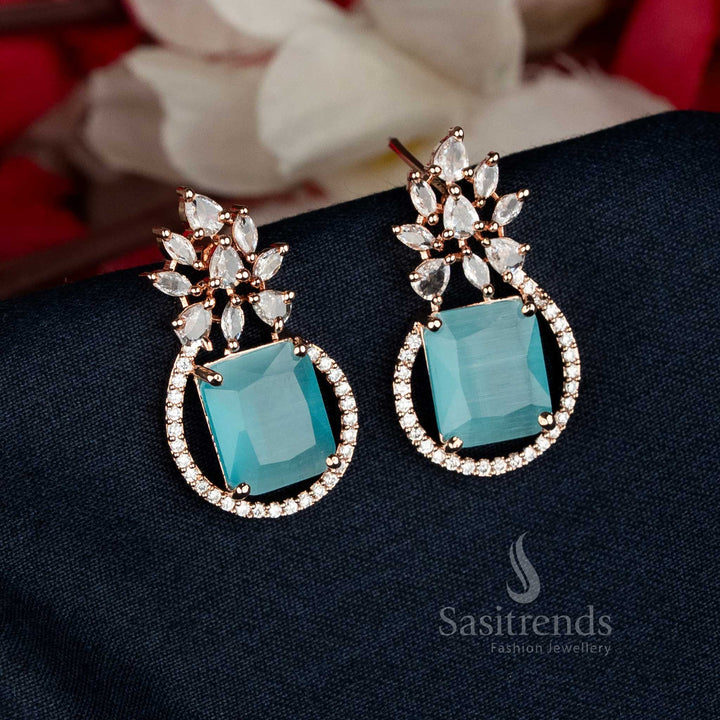 Party wear sky blue American Diamond Rose Gold Plated Rectangular Leaf Stud Tops Earrings - Sasitrends