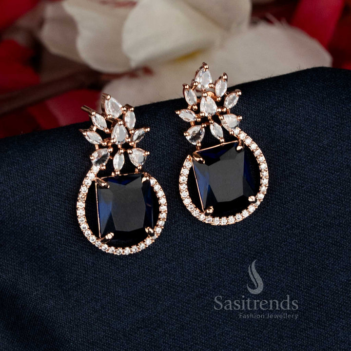 Party Wear American Diamond Rectangular Leaf Pattern Stud Tops Earrings | Rhodium Silver & Rose Gold Plated