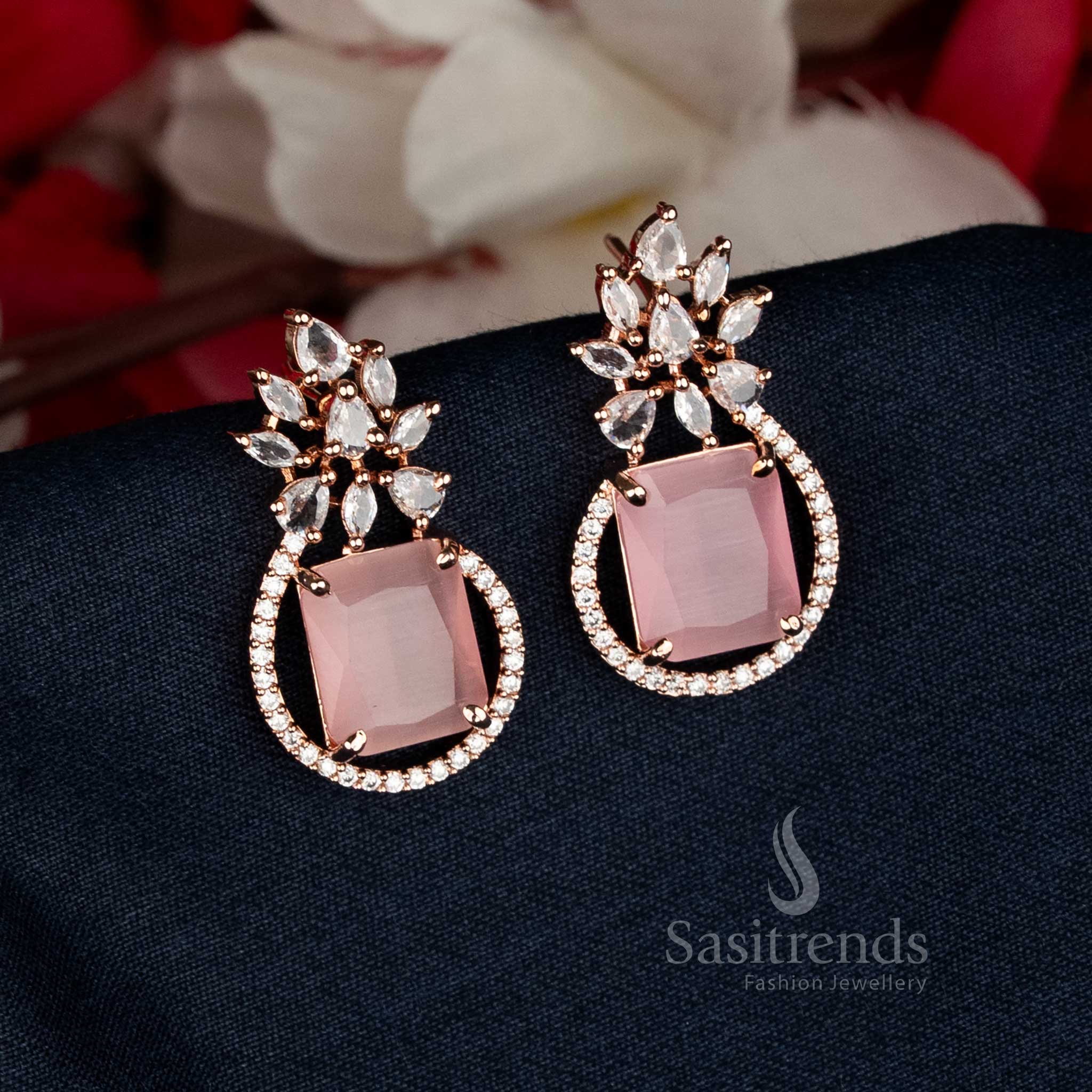Attractive pink American Diamond Rose Gold  Plated Rectangular Leaf Stud Tops Earrings - Sasitrends