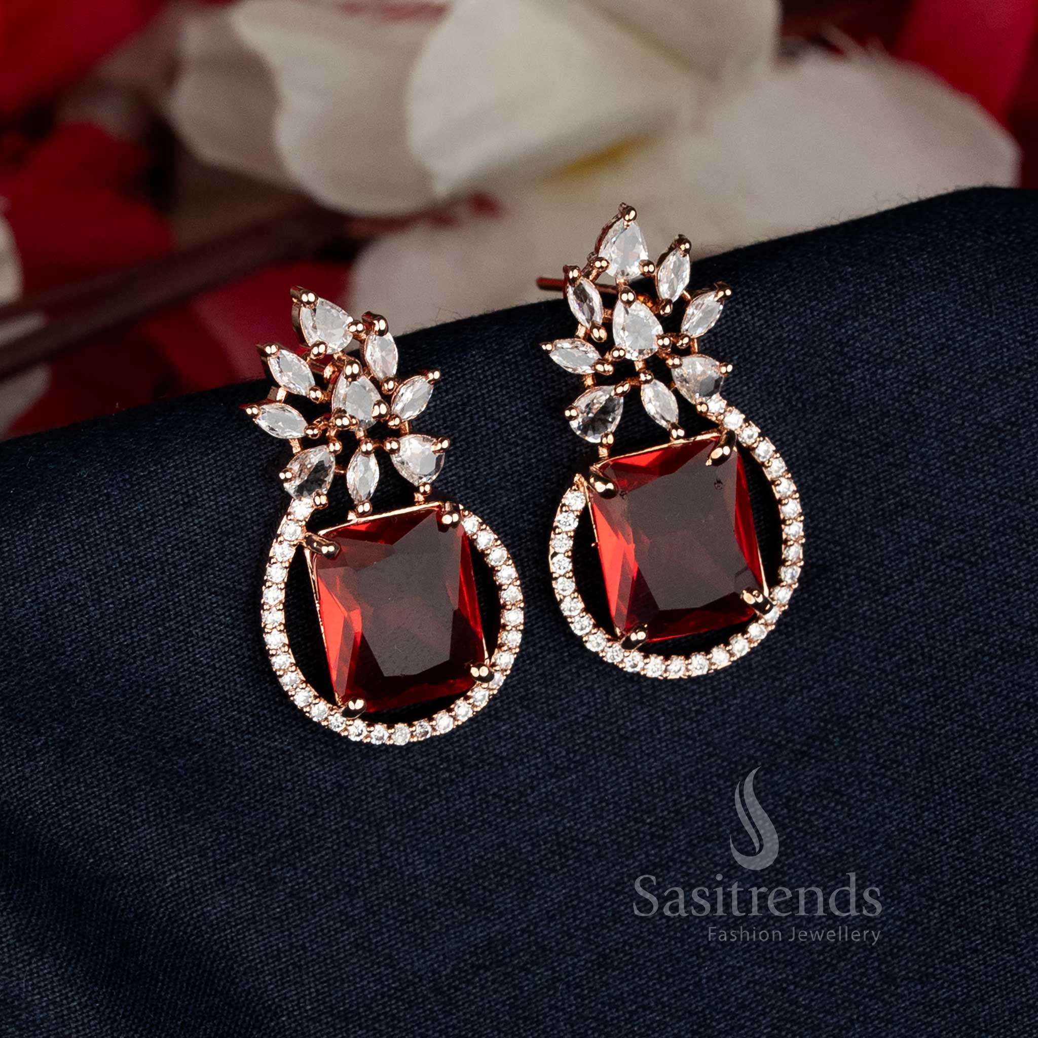 Party wear Red American Diamond Rose Gold  Plated Rectangular Leaf Stud Tops Earrings - Sasitrends