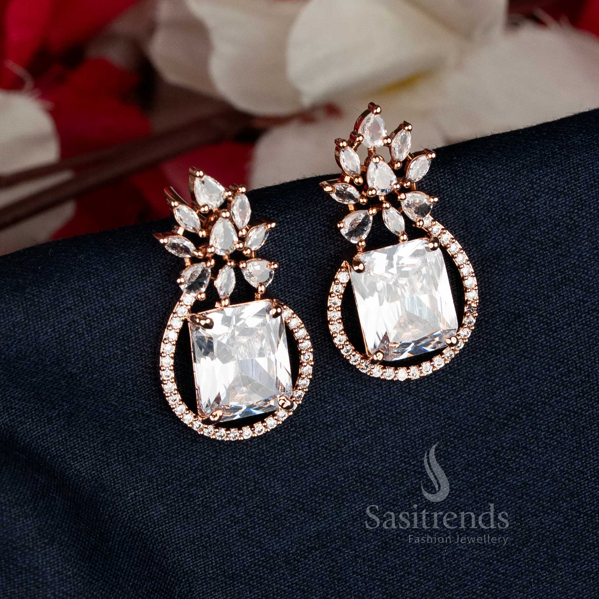 Stunning White American Diamond Rose Gold  Plated Rectangular Leaf Stud Tops Earrings - Sasitrends