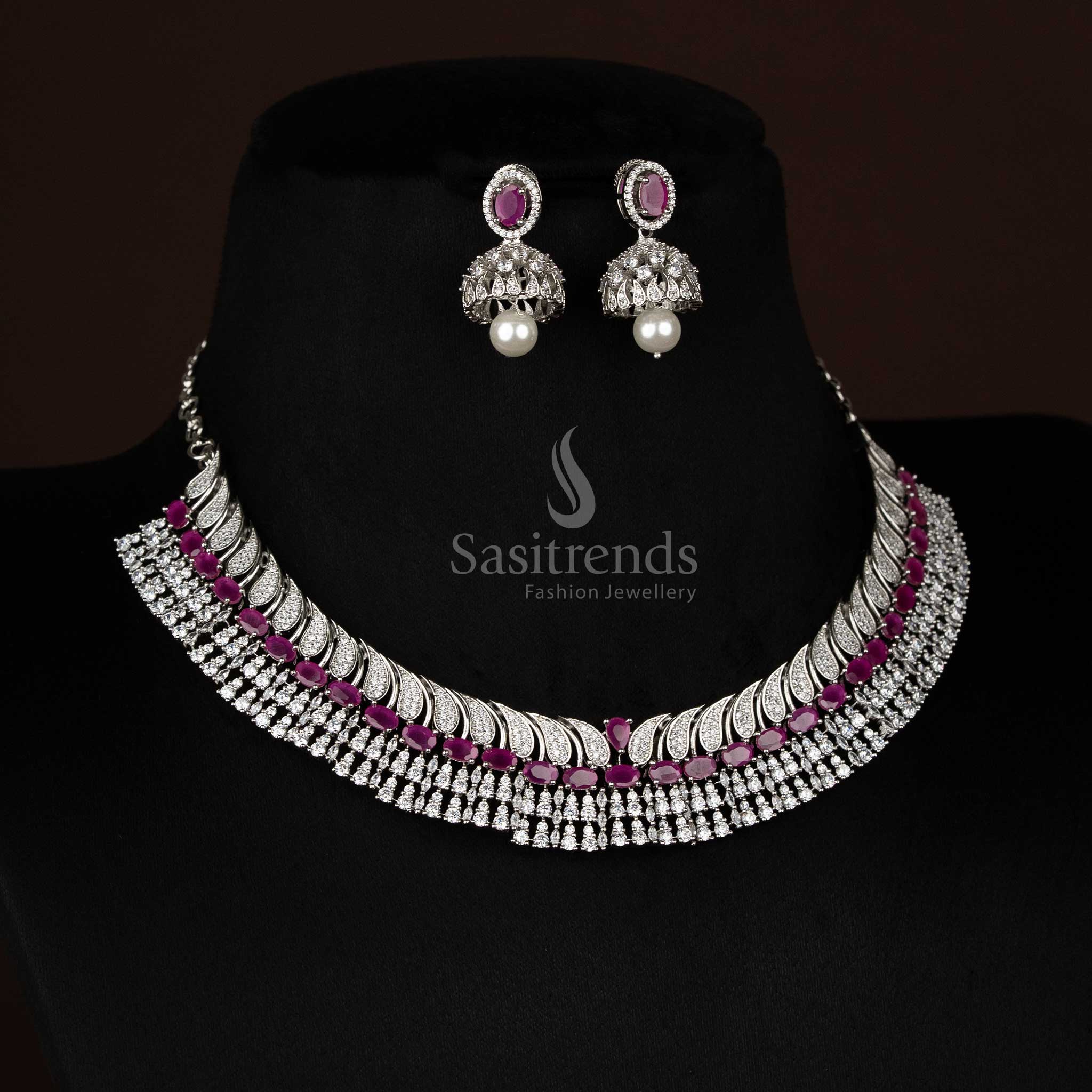 Vibrant ruby rhodium silver plated paisley feather necklace featuring oval teardrop stones, ideal to wear for festive celebrations and family ceremonies – Sasitrends