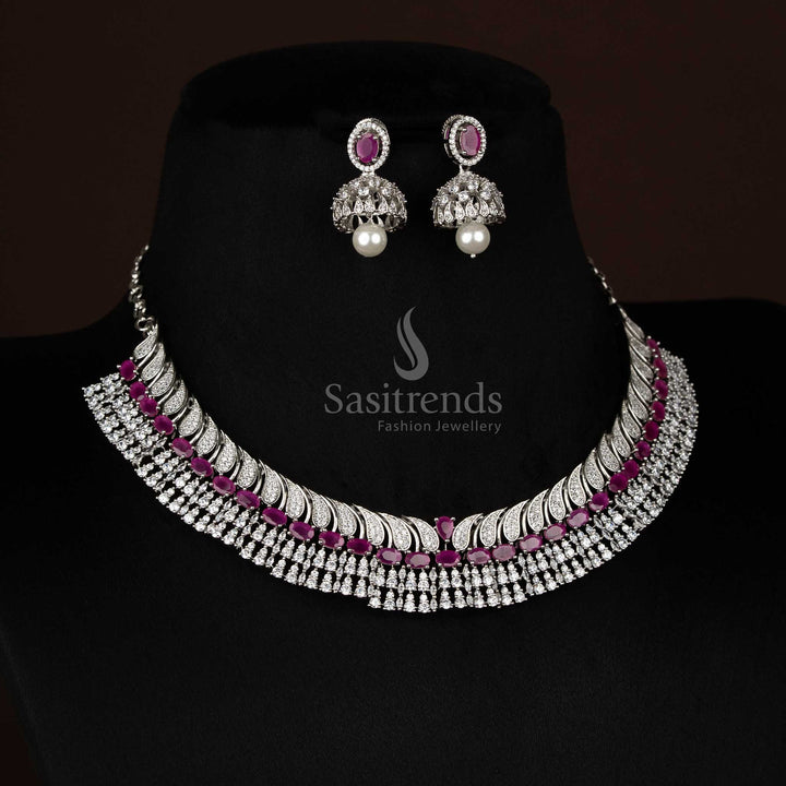 Vibrant ruby rhodium silver plated paisley feather necklace featuring oval teardrop stones, ideal to wear for festive celebrations and family ceremonies – Sasitrends