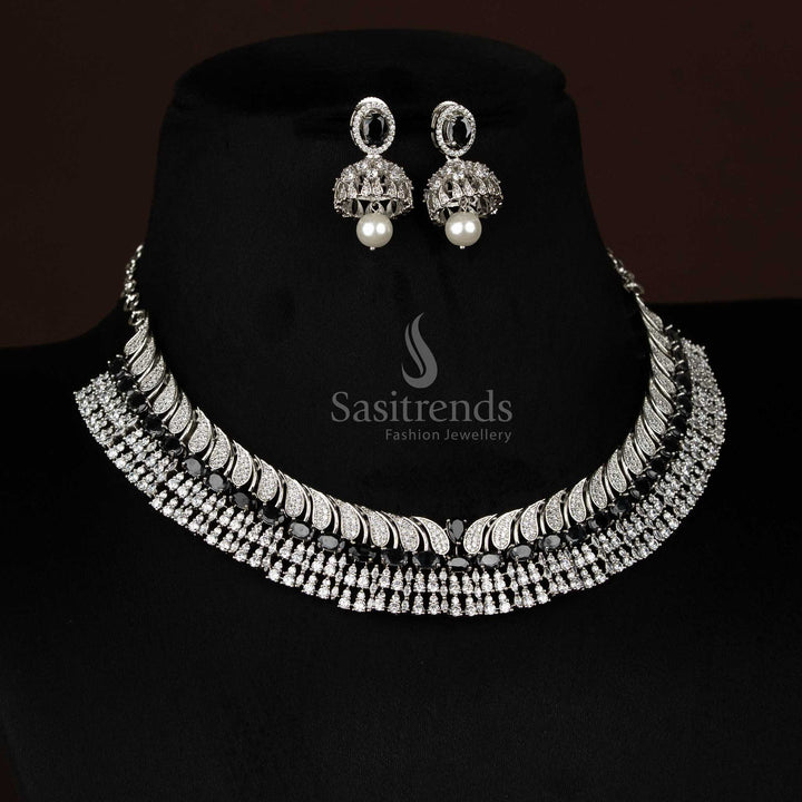Opulent black rhodium silver plated paisley feather necklace featuring oval teardrop stones, ideal to wear for temple festivals and family gatherings – Sasitrends