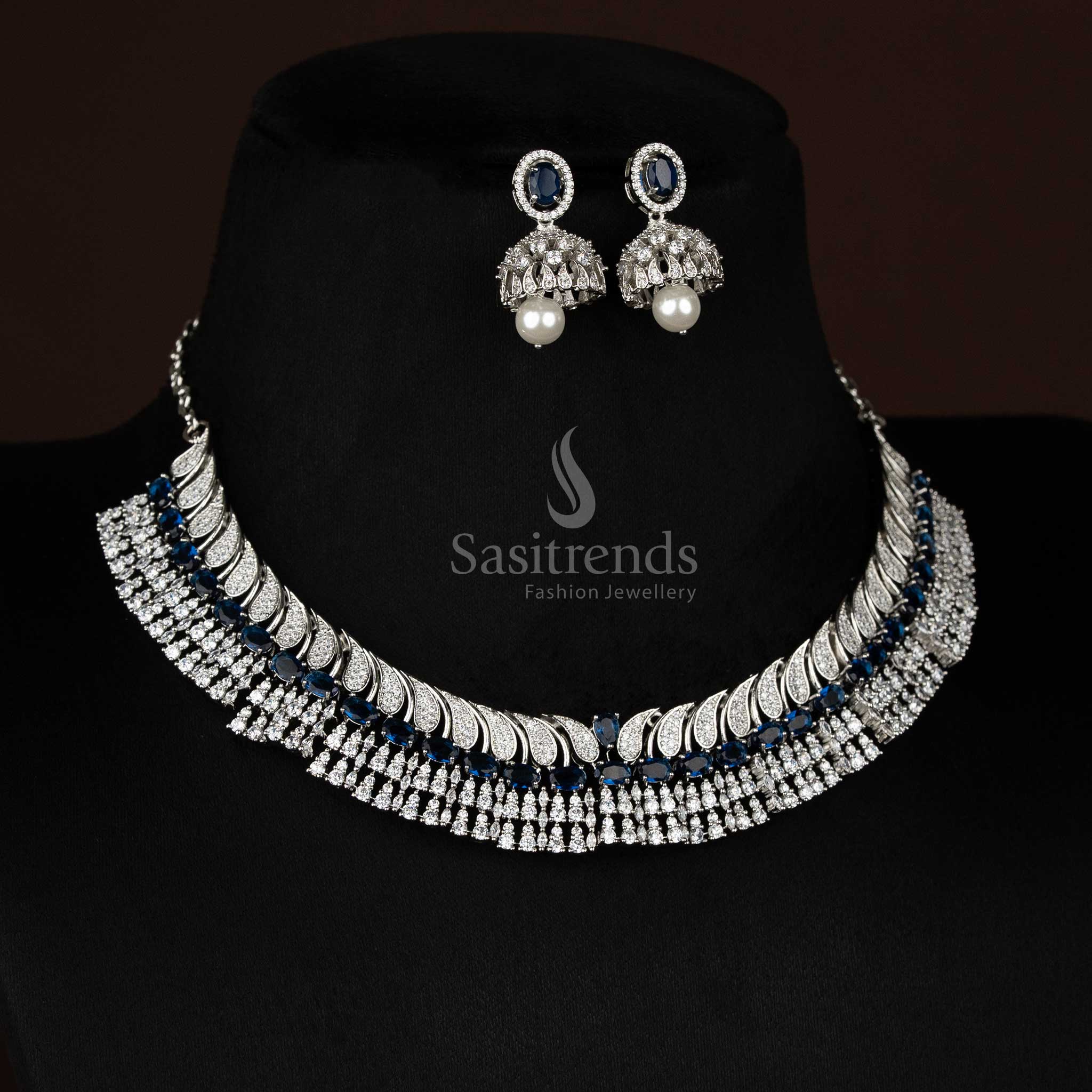 Dazzling blue rhodium silver plated paisley feather necklace with oval teardrop stones, perfect to wear for festive occasions and cultural events – Sasitrends