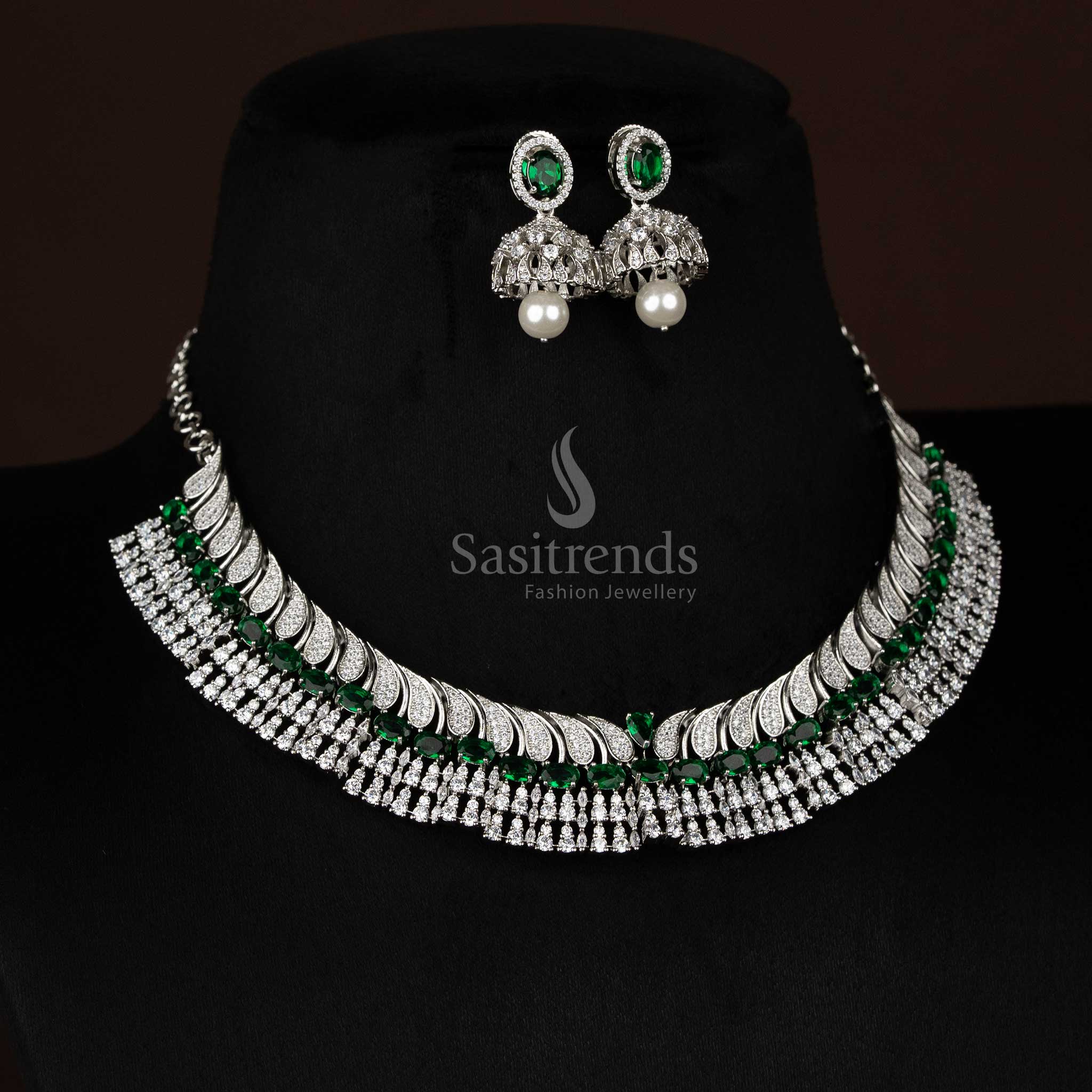 Glorious green rhodium silver plated paisley feather necklace with oval teardrop stones, designed to wear for family festivities and celebratory occasions – Sasitrends