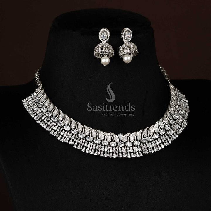 Ethereal white rhodium silver plated paisley feather necklace featuring oval teardrop stones, designed to wear for cultural events and festive occasions – Sasitrends