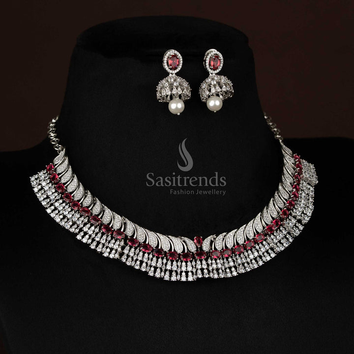 Luminous red rhodium silver plated paisley feather necklace adorned with oval teardrop stones, designed to wear for temple festivals and family celebrations – Sasitrends