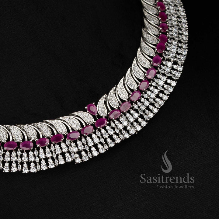 Opulent ruby rhodium silver plated paisley feather necklace with oval teardrop stones, designed to wear for family festivals and celebratory events – Sasitrends