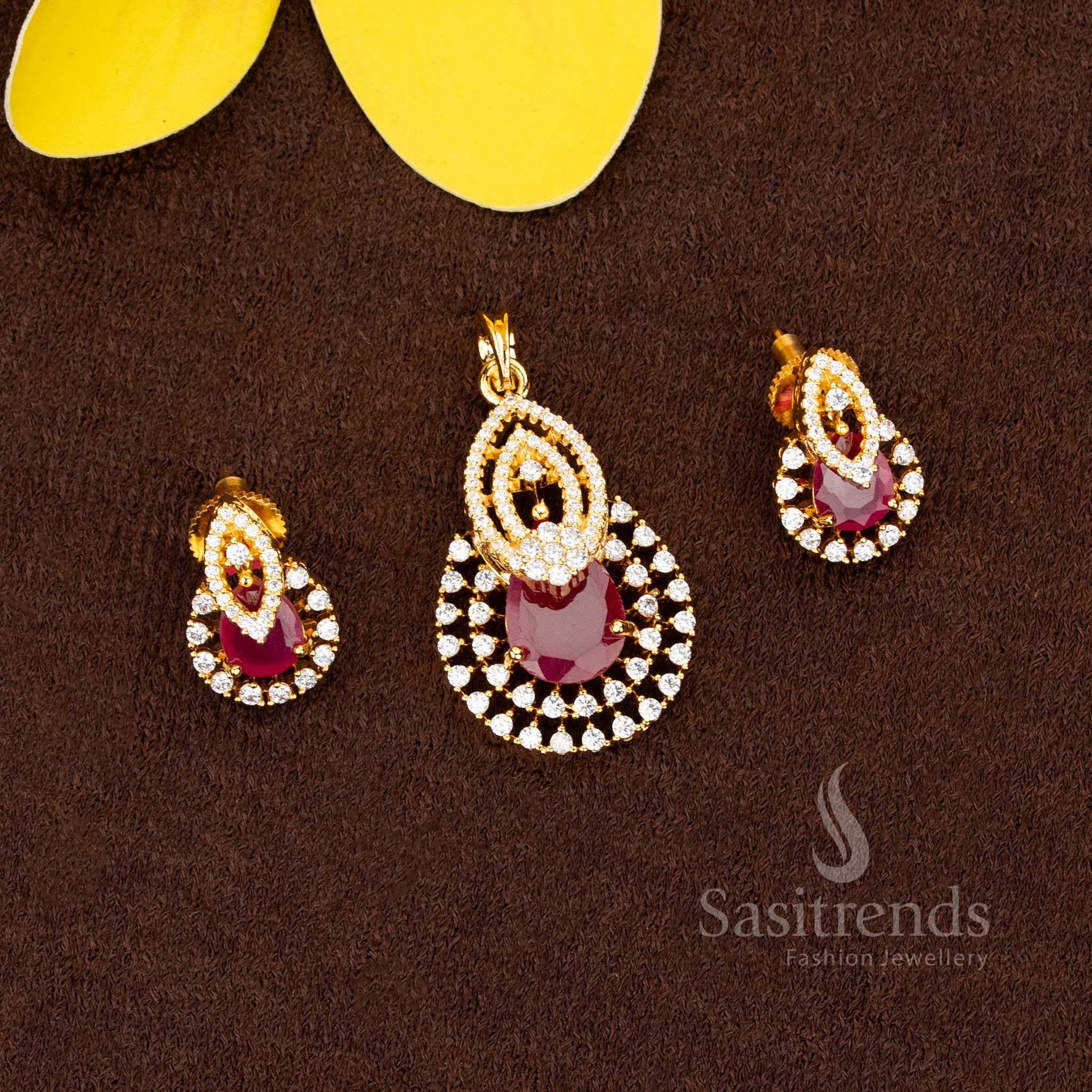 Elegant American Diamond micro gold plated white ruby Teardrop stone pendant set collection - Sasitrends