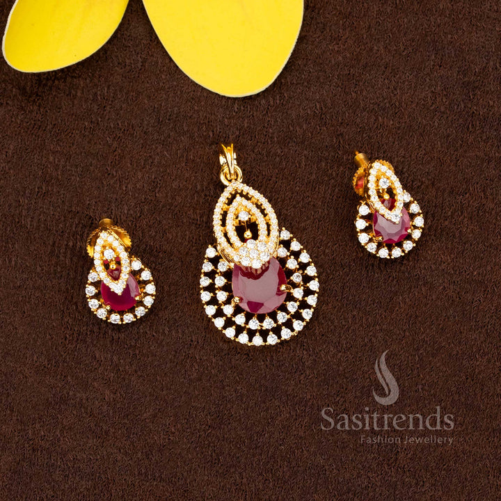 Elegant American Diamond micro gold plated white ruby Teardrop stone pendant set collection - Sasitrends