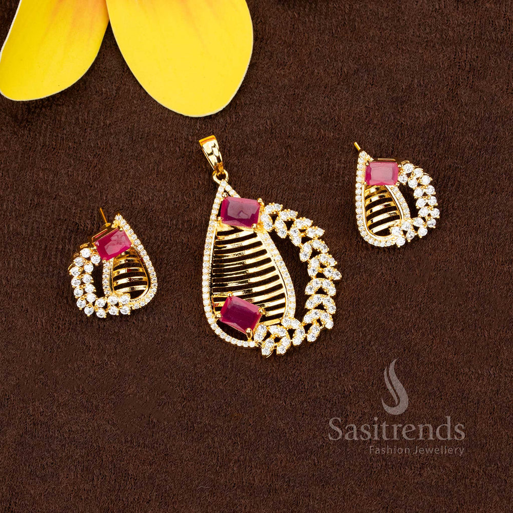Attractive American Diamond micro gold plated white ruby leaf pattern pendant set collection - Sasitrends