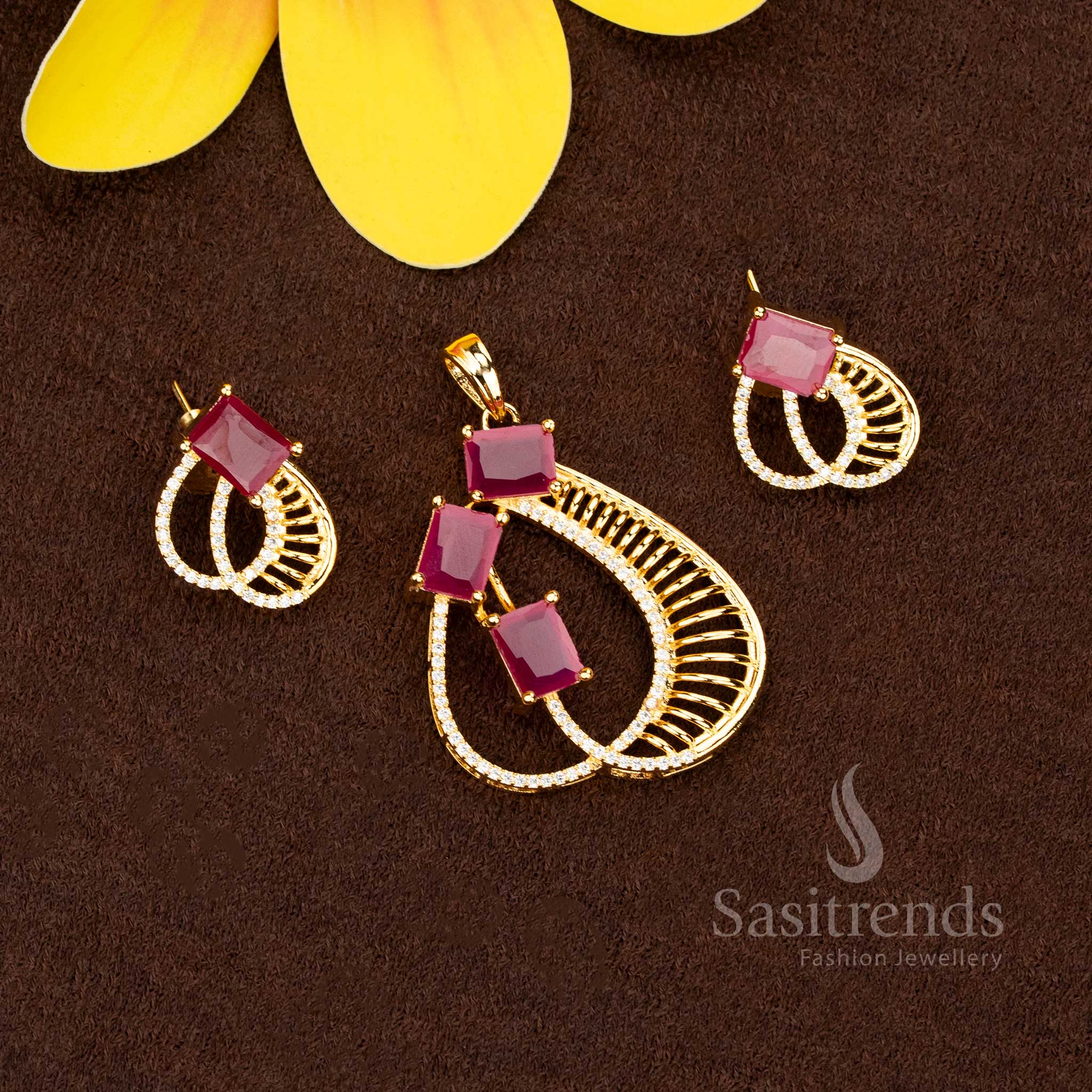 Elegant American Diamond micro gold plated white ruby square stone pendant set with earrings collection - Sasitrends