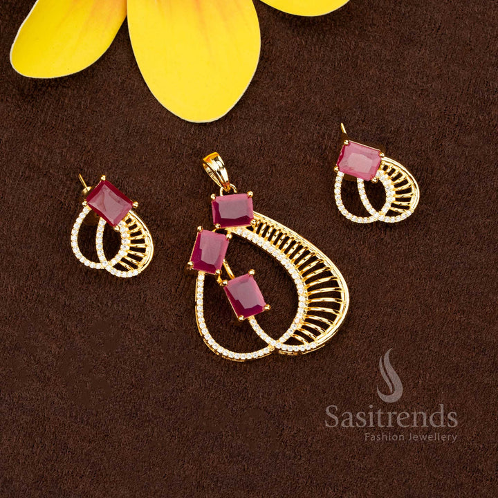 Elegant American Diamond micro gold plated white ruby square stone pendant set with earrings collection - Sasitrends