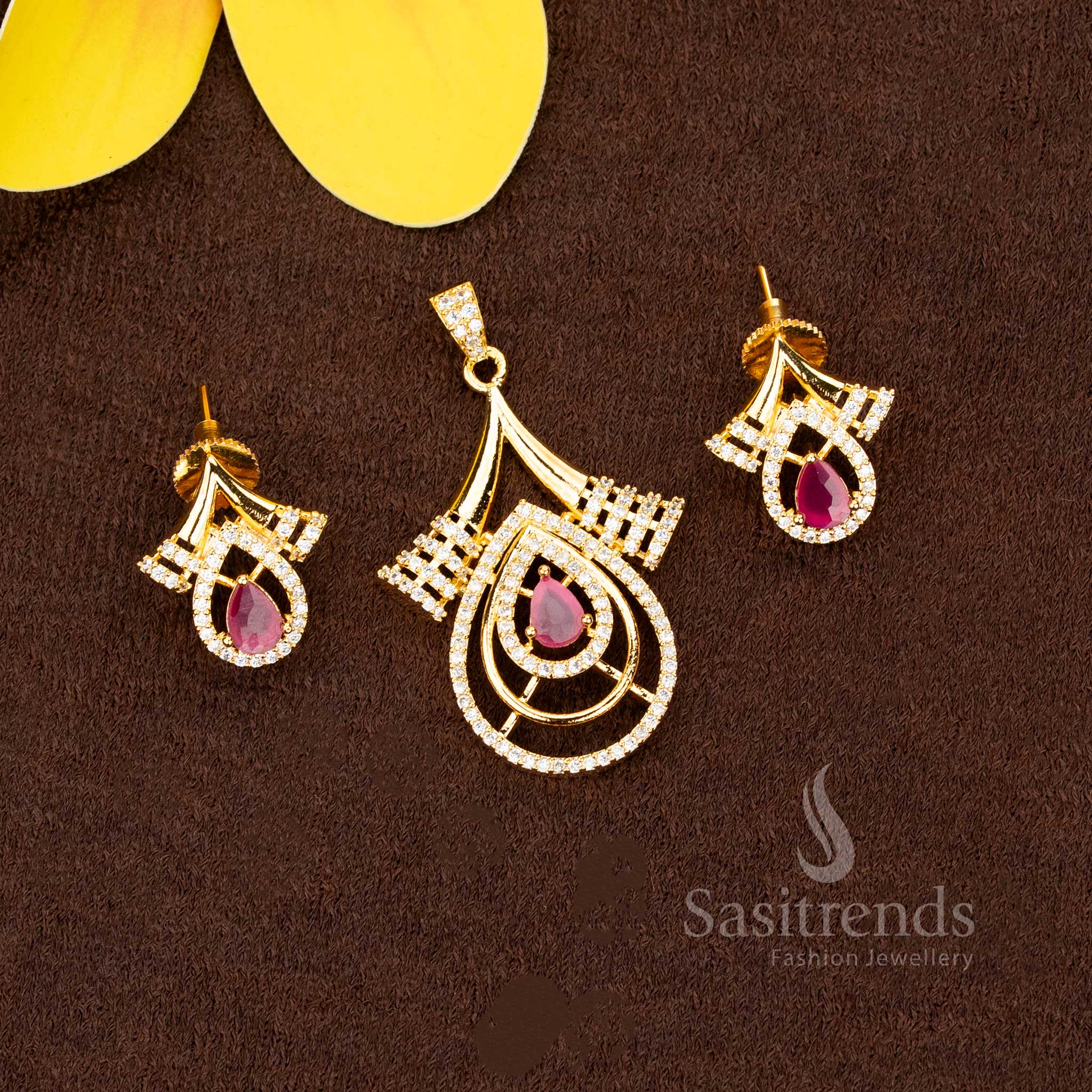 party wear American Diamond micro gold plated white ruby teardrop stone pendant set collection - Sasitrends