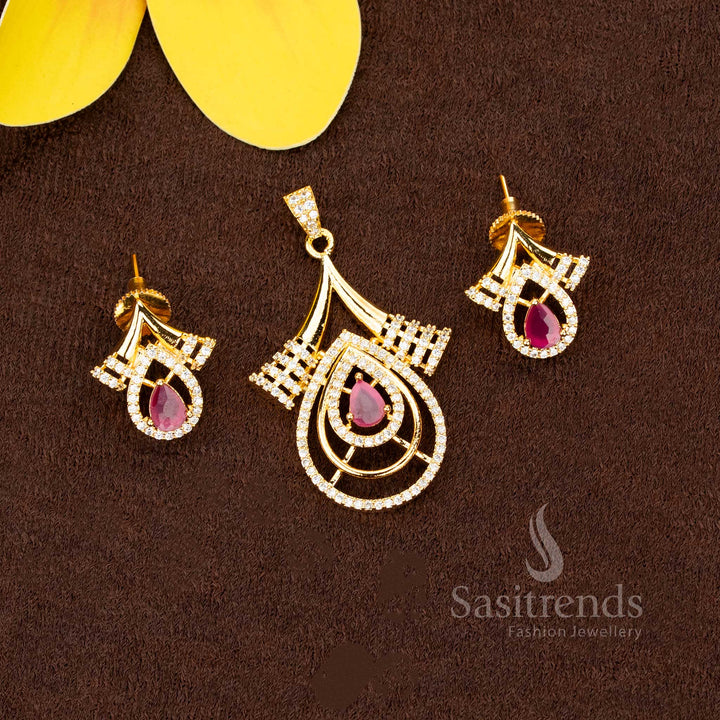 party wear American Diamond micro gold plated white ruby teardrop stone pendant set collection - Sasitrends